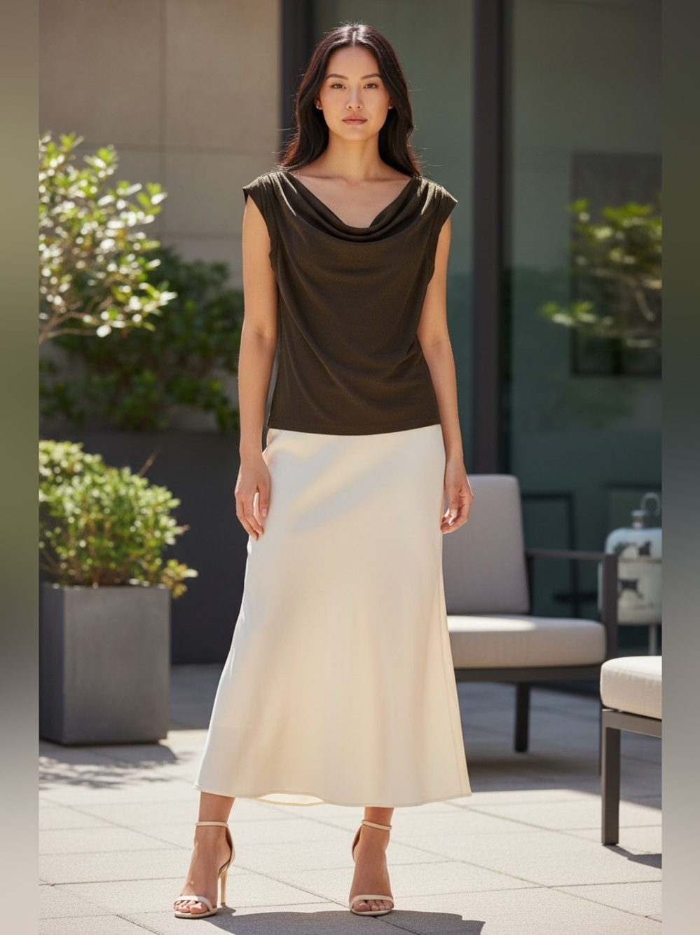 Urchin Women's Cowl Neck Top, Beautiful Shimmering Brown, Size Large